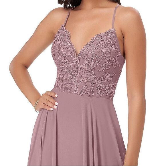 A-Line Lace Chiffon Bridesmaid Wedding Dress Dusty Rose - Picture 4 of 13